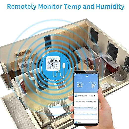 Smart WiFi Temperature Humidity Monitor: Tuya Wireless Temperature Humidity Sensor with APP Notification Alerts, WiFi Thermometer Hygrometer for Home Pet Garage with LCD Display, Compatible with Alexa