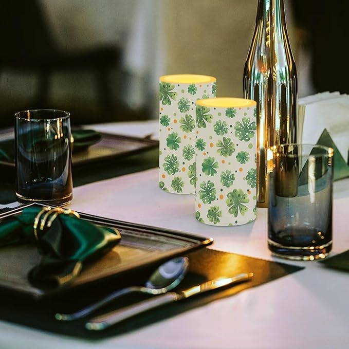 Lucky Leaves Flameless Candles St Patricks Day Candles Battery Operated Candles with Remote Control Color Changing LED Pillar Candles for Dining Room Bedroom Home Decorations