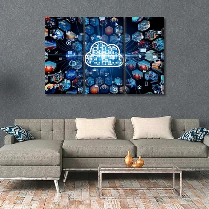 Wall Decor 3 Pieces Cloud Computing Concept Communication Network Posters and Prints, Artwork Giclee Stretched Framed Gallery-Wrapped, 20x40inchx3