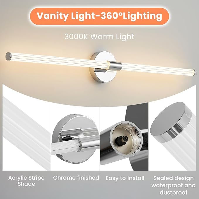 Bathroom Vanity Lights 39 inch Long Bathroom Light Fixtures Over Mirror Hardwired Dimmable LED 360° Full Lighting Vanity Light Bar Modern Wall Sconce Warm Light for Bedroom Living Room - Chrome