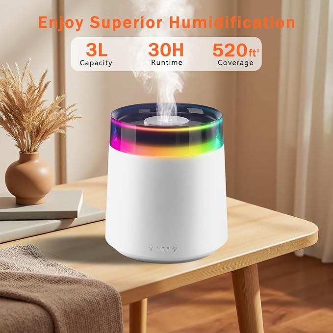Humidifiers for Bedroom,3L Top Fill Cool Mist Humidifier for Baby Nursery,Essential Oil Diffuser for Large Room,3 in 1 Quiet Ultrasonic Humidifier for,Office,Plant,Nursery,BPA FREE (White)