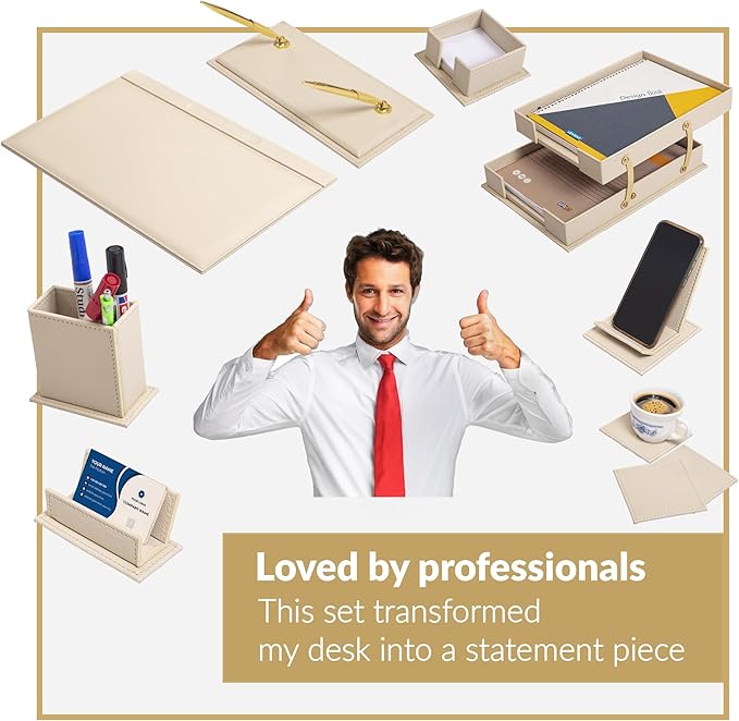 MOOGCO 12-Piece Leather Desk Set — Desk Pad 23.2" x 15.4", Double Document Tray, Pen Holder — Desk Organizer Set for Home Office & Executive Desk Accessories