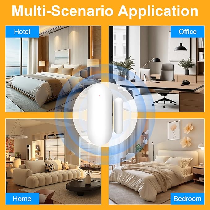 WiFi Magnetic Door Sensor Alarm with App That Alerts Your Phone, Mini Wireless Window Alarms When Opened for Home Security, No Hub Required, Smart Sliding Door Contact Sensors Chimes Safety Protection