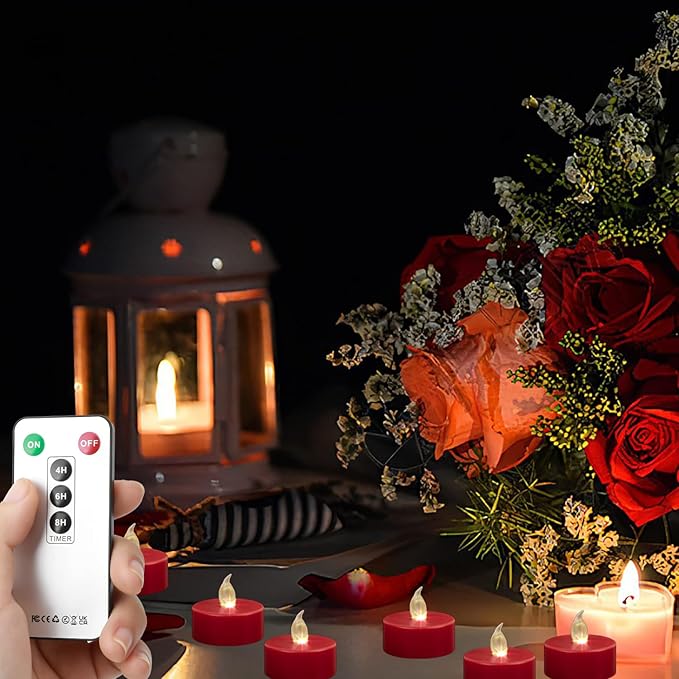 Hanzim Tea Light Candles with Remote Control,Flickering Flameless LED Candle,Long Lasting 400+Hours,Battery Operated with Timer for Home Decoration Seasonal &Festival Celebration Red (5pcs)