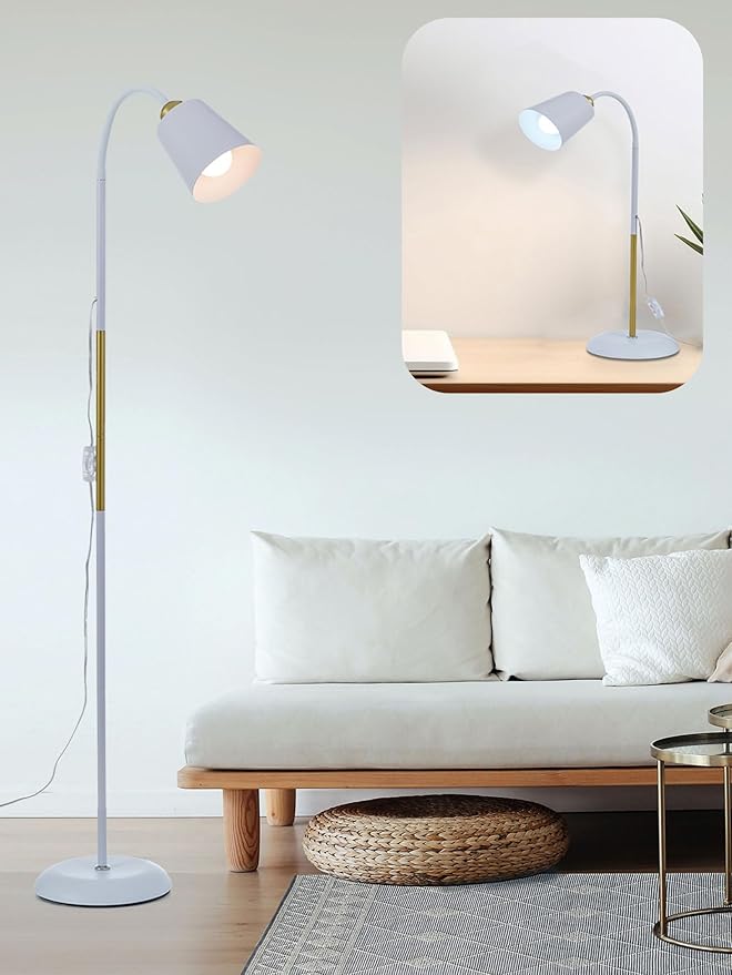 AoMck Floor Reading Lamp, Industrial Metal Floor Lamps for Living Room with Adjustable Bendable 2 in 1 Reading Table Lamps for Living Room Bedroom Office, 12W Bulb Included (White)
