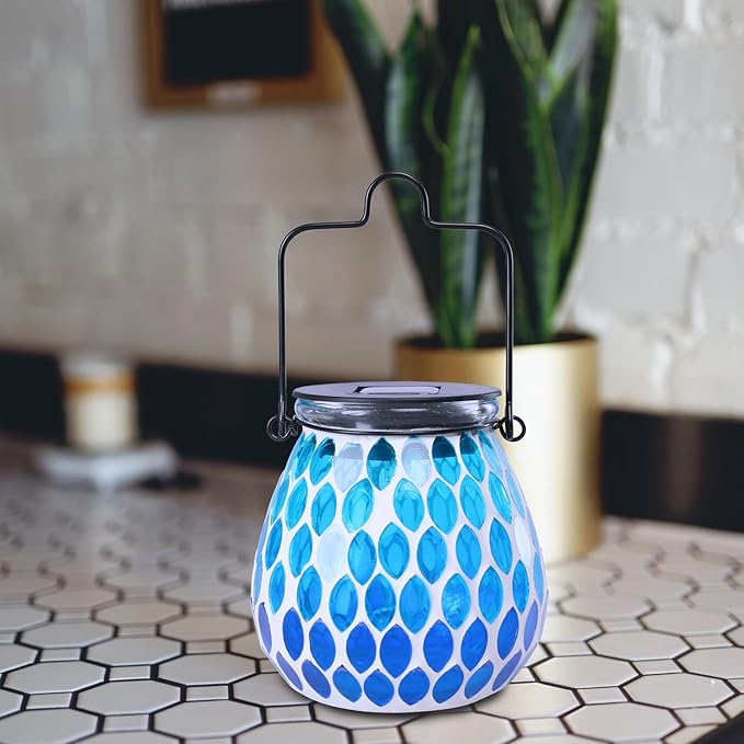 Bshine Mosaic Solar Lantern Outdoor Hanging Waterproof, Blue Mosaic Light Indoor Decorative Table, Garden Decor for Yard Outside, Path, Courtyard, Lawn, Birthday Gift for Mom Women Gardening, Antique