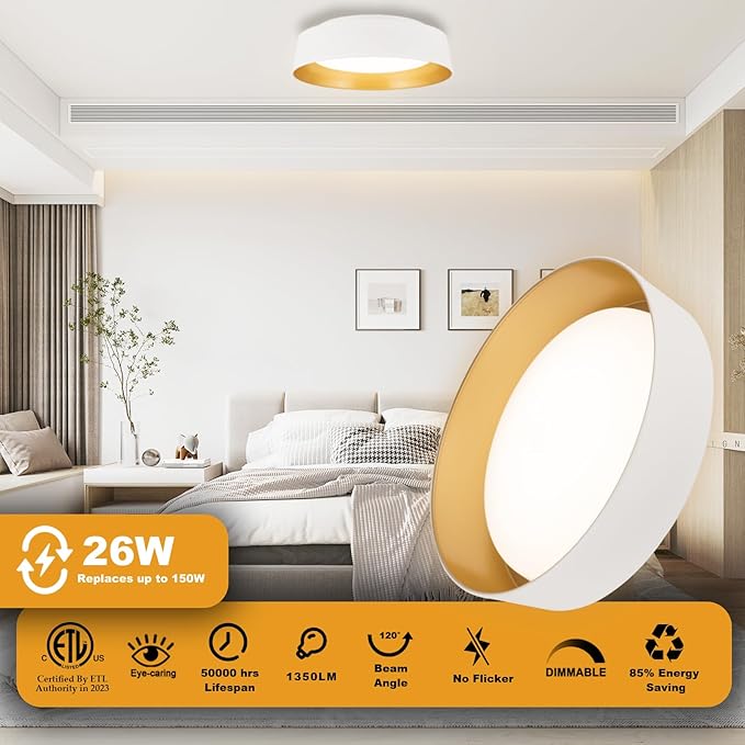12.5 Inch LED Flush Mount Ceiling Light Fixture, 26W, Super Bright 1350 Lumen, 3 Color 3000K/4000K/5000K, Matt White with Gold Inside, Dimmable Ceiling Lamp for Bedroom Hallway Bathroom Outdoor