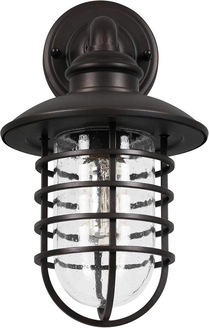 Design House 588970-BRZ Stevenson Rustic Industrial 1-Light Indoor Outdoor Dimmable Wall Light with Clear Seedy Glass and Metal Wire Shade for Kitchen Hallway Bedroom Bathroom Patio, Bronze
