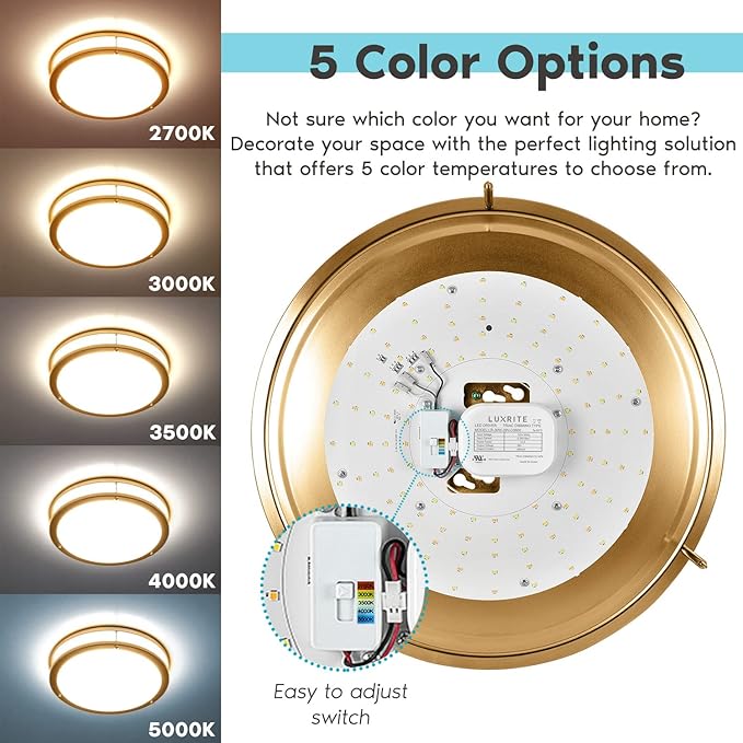 LUXRITE 16 Inch LED Flush Mount Ceiling Light, 5 Color Selectable 2700K | 3000K | 3500K | 4000K | 5000K, Dimmable Ceiling Light Fixture, 24W, 1920 Lumens, Energy Star, ETL Listed, Brushed Brass