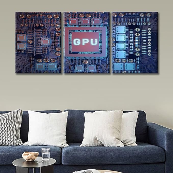 Modern GPU Card Canvas Paintings Office Decor Circuit Board Wall Decor 3 Pieces Wall Decor for Bedroom, Living Room.Giclee Wooden Framed Gallery-Wrapped Ready to Hang (36" Wx16 H)