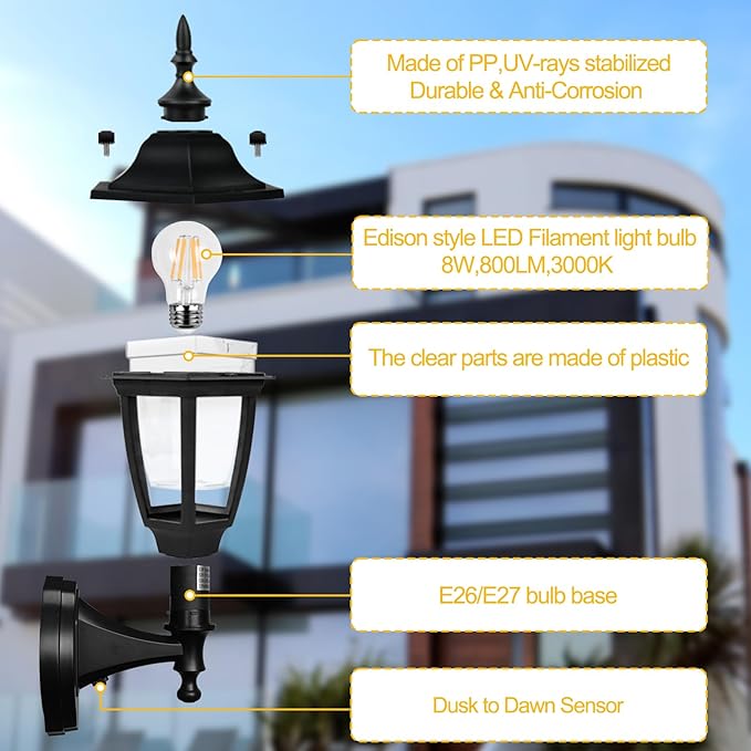 FUDESY Outdoor Wall Light Dusk to Dawn, Porch Sensor Light Black Plastic Anti-Corrosion with LED Edison Filament Bulb, Exterior Mount Lantern for House, Garage (2-Pack)