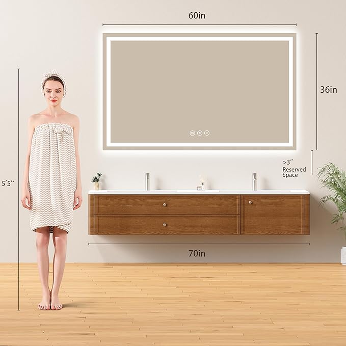 60x36 LED Bathroom Mirror with Lights - Dimmable, Anti-Fog, 3 Color Backlit & Front Lit Mirror for Bathroom, Shatter-Proof Tempered Glass, Easy Installation