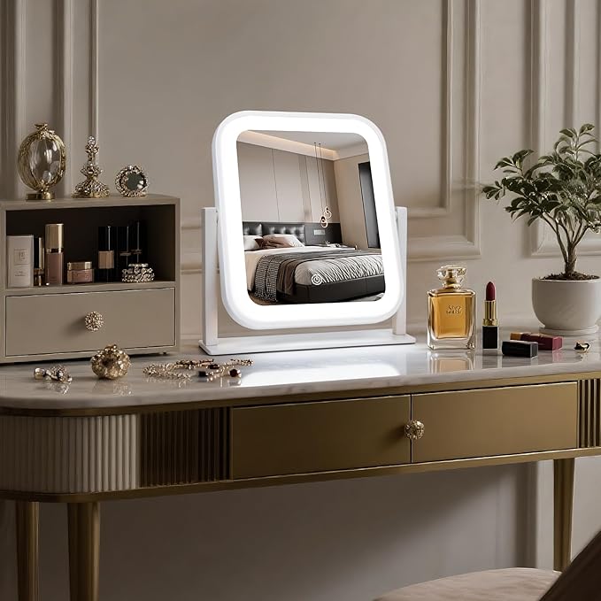 Vanity Mirror with Lights, 1500mAH, 10"×9" Makeup Mirror with Lights, Smart Touch with 3-Color Lighting, 360° Rotation, Portable LED Desk Mirror, Bedroom (White)