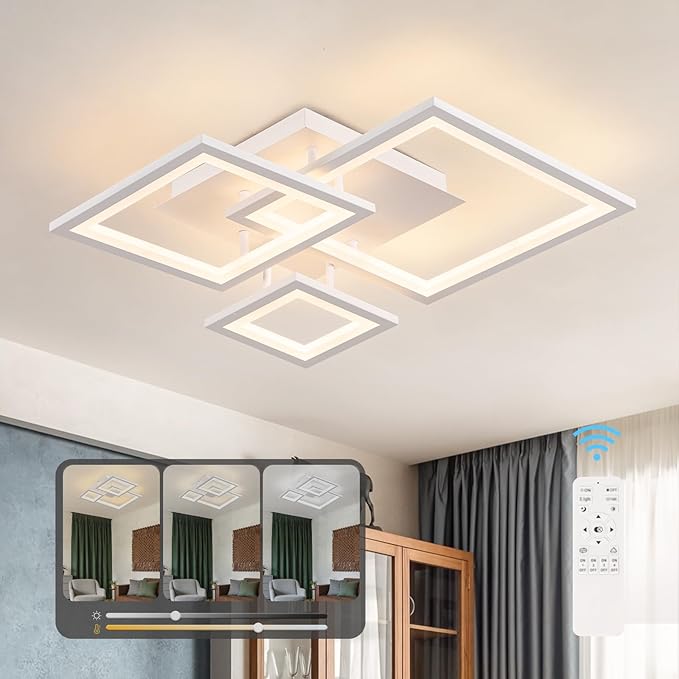 Modern White Led Ceiling Light 3-Square Design 3000K-6500K Dimmable LED Ceiling Light with Remote 33W Acrylic Ceiling Lighting Fixture for Bedroom Kitchen Dining Room Office Lamps (White)