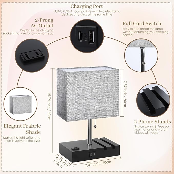 Smart RGB Dimmable Table Lamp Work with Alexa&APP&Remote Control, Bedside Desk Lamp with Charging Ports&Outlet&Phone Stand, Music Sync Nightstand Lamp for Bedroom Living Room Office Dorm