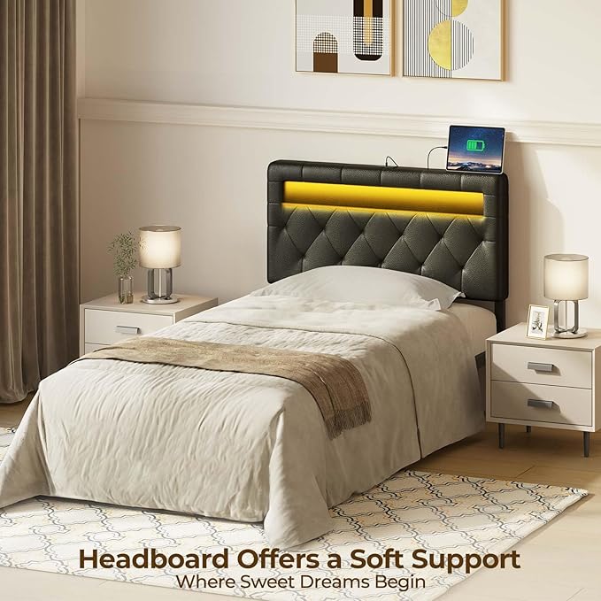 GREENSTELL Headboard for Twin Size Bed with 60,000 DIY Color of LED Light, USB & Type C Post, Attach Frame, Height Adjustable, Black Wall Mounted Head Boards Only, Sturdy & Stable, Comfortable, Twin