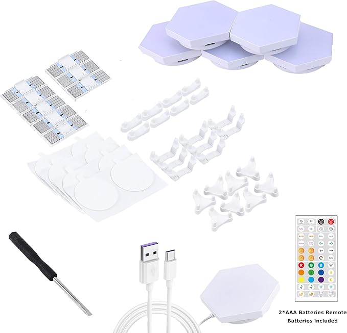 Smart Hexagon Lights DIY Hexagon Led Light App & Remote Controlled & Music Sync Features USB & Type C Modern RGB Wall Panels for Living & Gaming Decor (6Pack)