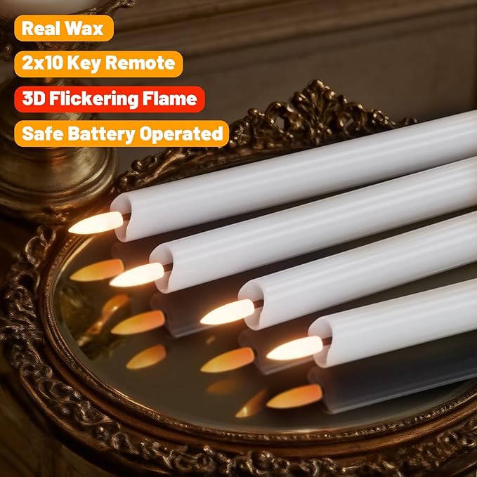 Wondise Flameless Taper Candles with Remote Timer, Real Waxy Battery Operated Flickering Candlesticks, 3D Wick LED Candles 9.6inch for Halloween Christmas Holiday Wedding Decoration (White