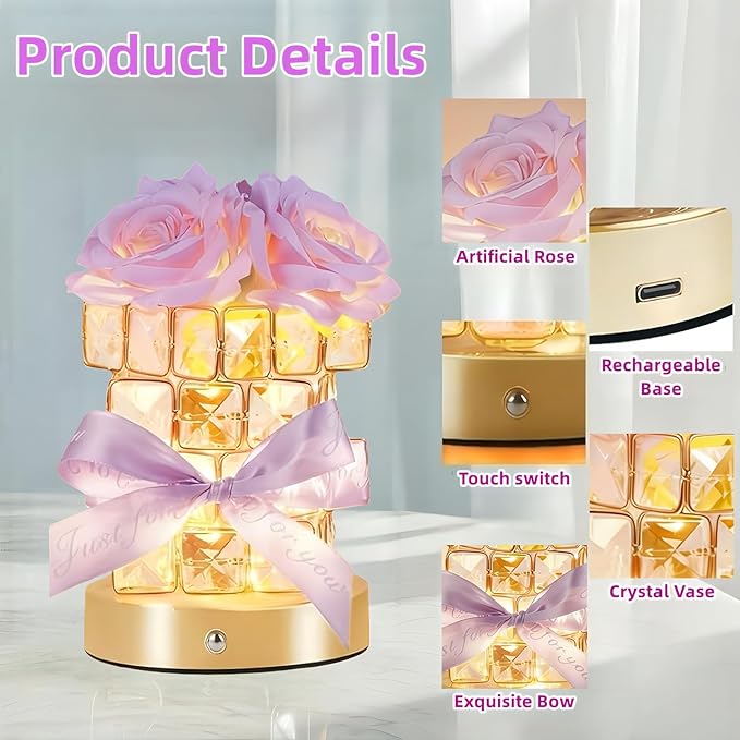 Rose Flower Lamp,Rechargeable Cordless Touch Table Lamp for Bedroom,3-Colour Dimming Flowers Night Light,Crystal Bedside Lamps with USB Charge,Birthday Valentine's Day Gifts for Women,Mom,Wife,Her