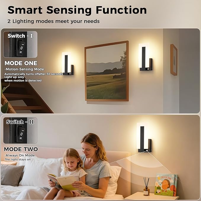 Joosenhouse Wall Sconces Set of Two Hardwired, Motion Sensor Wall Lights for Bedroom Living Room Hallway, TRIAC Dimmable 3000K Warm White, Modern Black Metal Acrylic Wall Lamp Fixtures