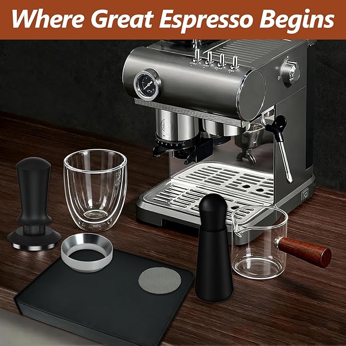 7 Pcs 53mm Espresso Accessories Kit, Spring Loaded Calibrated Tamper, WDT Tool, Coffee Measuring & Espresso Cup and Tamper Mat, Puck Screenr & Dosing Funnel, Fit 54mm Espresso Machine Accessories