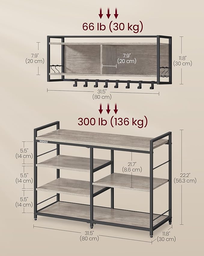 VASAGLE Hall Tree with Shoe Bench, Coat Rack Shoe Bench Set, Entryway Furniture, Multifunctional, 12 Metal Hooks, 4-Tier Shoe Rack, for Entryway, Bedroom, Heather Greige ULSB107K02