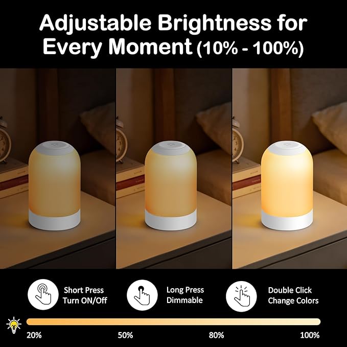 Rechargeable LED Table Lamp, Portable Touch Night Light for Adults and Elders, Dimmable Bedside Lamp with Brightness Memory, Hanging Lantern for Bedroom, Hallway, Camping and Emergency