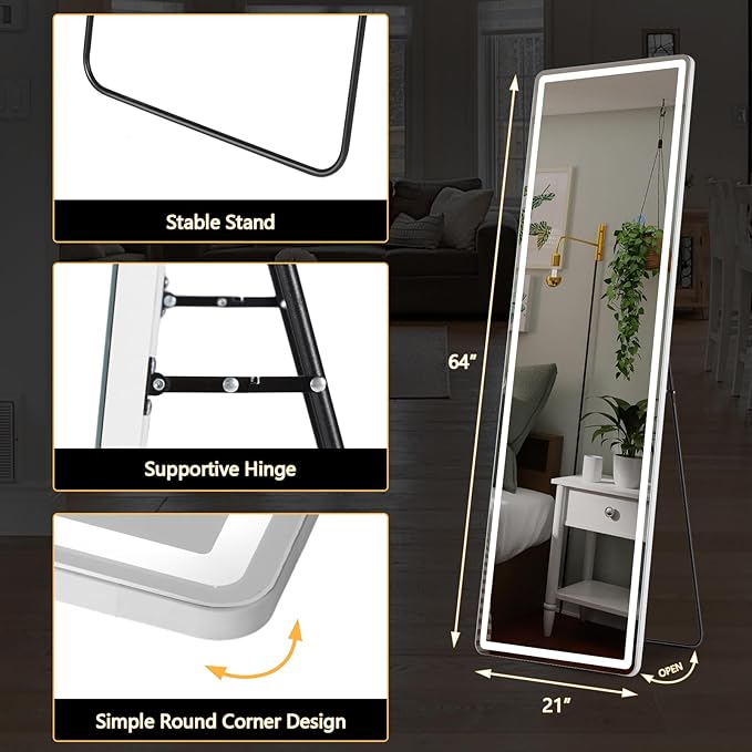 Sweetcrispy Full Length Mirror with LED Lights, 71.3"x26.5" Lighted Floor Mirror with Dimming & 3 Color Lighting, Stand for Bedroom, Dressing Room