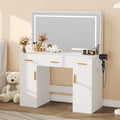 DUMOS Vanity Desk Makeup with Mirror LED Lights, White Table with Power Outlet 3 Drawer & 2 Cabinets, 3 Lighting Modes & Adjustable Brightness, Dressing Tables for Bedroom