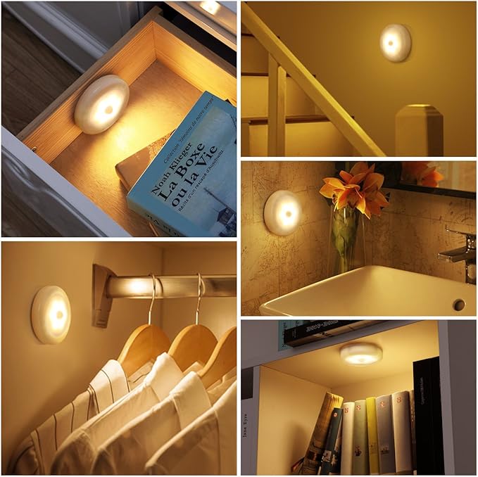 AMIR Upgraded 3.15” Motion Sensor Light Indoor, Cordless Battery Powered Stick on LED Night Lights for Closet, Stair, Under Cabinet, Hallway, Kitchen (Warm White - Pack of 3)