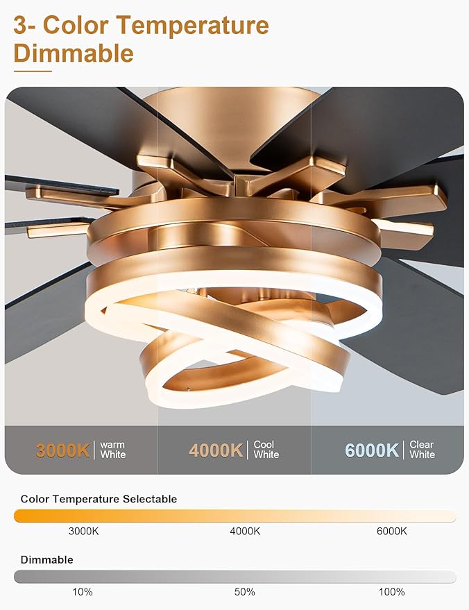 Gold Ceiling Fans with Lights, 72 Inch Large Modern Ceiling Fan with Remote Control for Living Room Kitchen, 3 CCT, 6 Speed Reversible DC Motor, Dual Finish