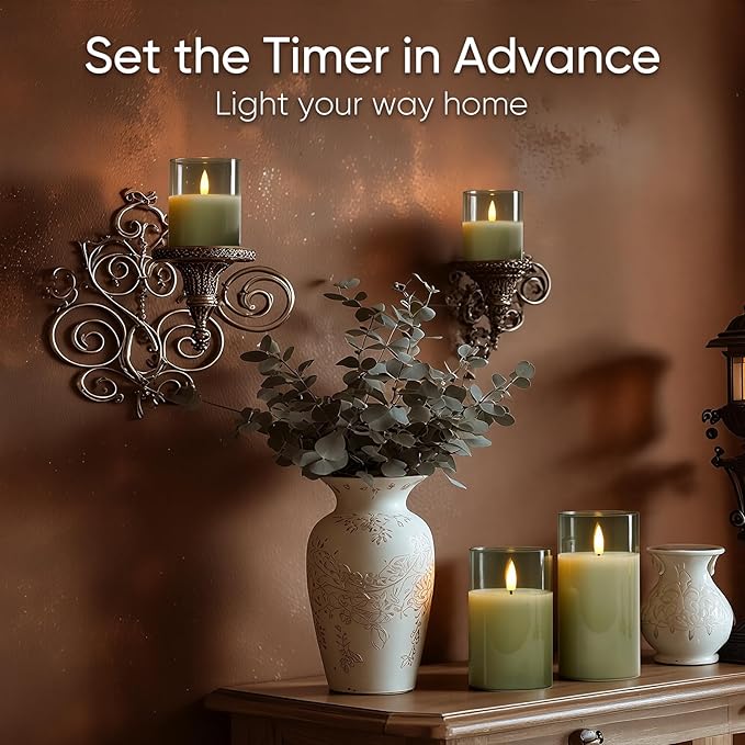 5plots Flameless Battery Operated Candles Set of 3, Green LED Candles with Remote Timer, Real Wax Glass Pillar Candles Warm Flickering Light for Indoor Home, Halloween, Christmas Decor D3 x H4 5" 6"