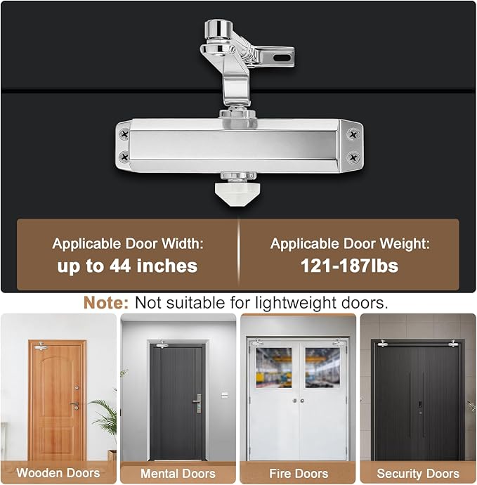 Commercial Door Closer, Automatic Door Closer (Sliver), Heavy Duty Hydraulic Door Soft Closer, Self-Closing Door Closer with Adjustable Speed, Fits 121-187lb Doors 23-44in, for Commercial or Home Use
