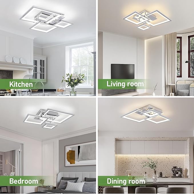 Modern Chrome Led Ceiling Light 3-Square Design 3000K-6500K Dimmable LED Ceiling Light with Remote 33W Acrylic Ceiling Lighting Fixture for Bedroom Kitchen Dining Room Office Lamps