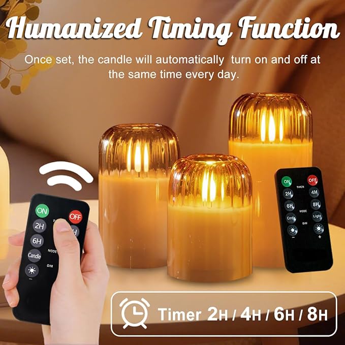 3Pcs LED Candle Set Rechargeable with Remote Control,Gold Glass Flameless Candles,Candle Lights for Home Decor, Bedroom, Bathroom Accessories，Pumpkin Fake Candles for Halloween