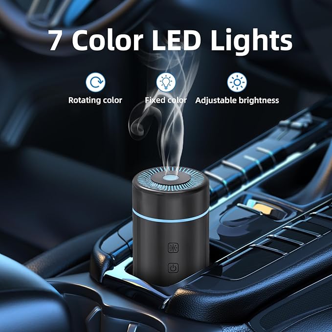 100ML Car Diffusers for Essential Oils, Rechargeable Battery Powered Cordless Portable Humidifier with 7 LED Color Changing Lights 2 Timer Modes for Car,Travel (Black)