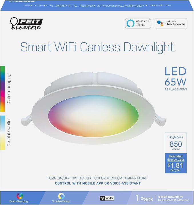 Feit Electric 6" Smart LED Canless Recessed Downlight, 65W EQ, Dimmable, Wifi Enabled, Compatible with Alexa and Google Home Asst, Color Changing, 90 CRI, 850 Lumens