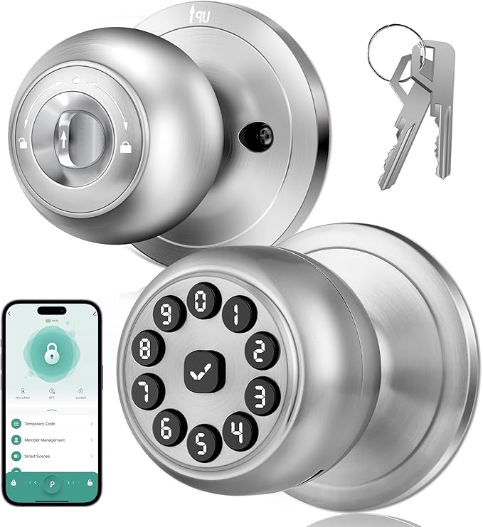 Fingerprint Door Lock, Smart Fingerprint Door Knob with Lock, Biometric Door knob with App Control & Key, Keyless Thumbprint Entry Door Lock for Bedroom, Front Door, Home, Apartment-Polished Silver