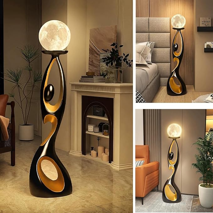 Bofea-Mid Century Modern Floor Lamp,Unique Corner Decorative Reading Standing Light,Rechargeable Moon Standing Lamp Or Resin Creative Stylish Decor Lamps for Living Room,Bed Room. (Black)