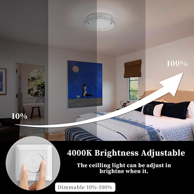 Crystal Ceiling Light Fixture 13 Inch Flush Mount Ceiling Light LED 4000K Dimmable Modern Ceiling Lamp for Bedroom Bathroom Kitchen Island