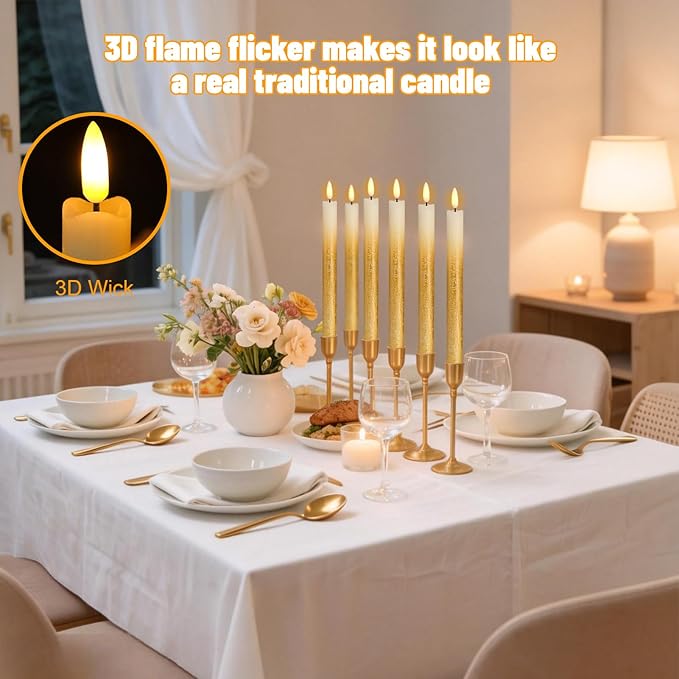 Wondise Gold Flameless Taper Candles with Timer & Remote, 9 Inch Battery Operated LED Flickering Window Candle for Christmas Thanksgiving Decorations, Set of 6