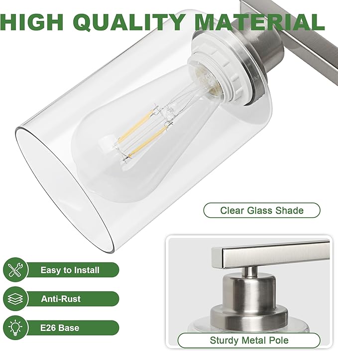 Ascher Bathroom Light Fixtures, 5-Light Vanity Lights with Clear Glass Shade, Modern Brushed Nickel Wall Light for Mirror Bedroom Hallway Cabinet Porch