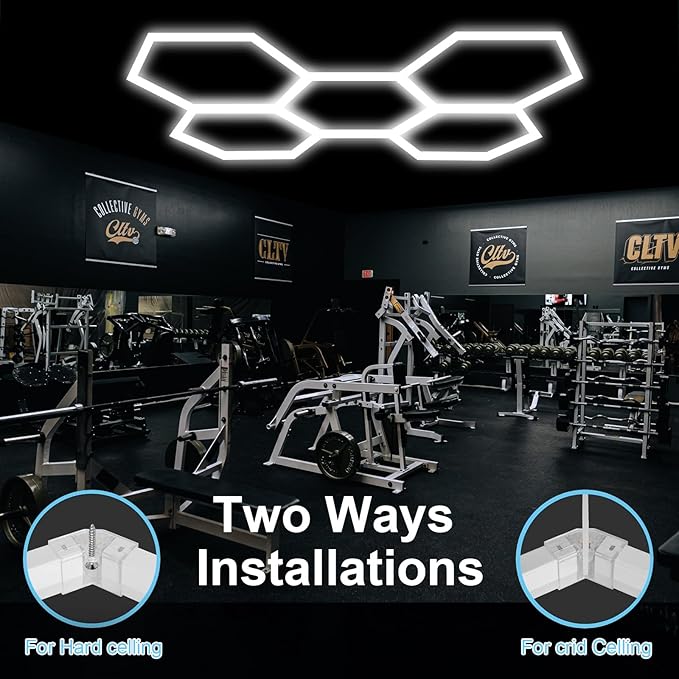 Garage Hexagon Lights, 60W 24V 6500K Higher Brightness Hex Garage Lights, Plug and Play, Lightweight DIY Assembly Hexagonal Light for Car Detailing Auto Beauty Shop Decor（with Remote Control）