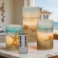Beach Flameless LED Candles with Remote and Timer, Seashell & Starfish Pillar Unscented Real Wax, Ocean Decor for Home Bedroom Wedding Coastal Room, 3" x 4",5",6", Set of 3(Beach)