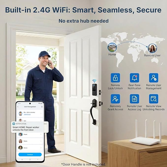 Smart Door Lock with Built-in WiFi - Keyless Entry Door Lock for Front Door, Fingerprint Door Lock with App Control, 5-in-1 Touchscreen Deadbolt with 6 Keys & 2 NFC Cards, Auto Lock