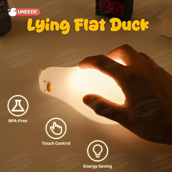UNEEDE Lying Flat Duck Lamp, 3 Level Dimmable Rechargeable Silicone Night Light, Benson Duck Cute Squishy Touch Sensor Bedside Lamp for Nursery, Breastfeeding, Kids Room Decor