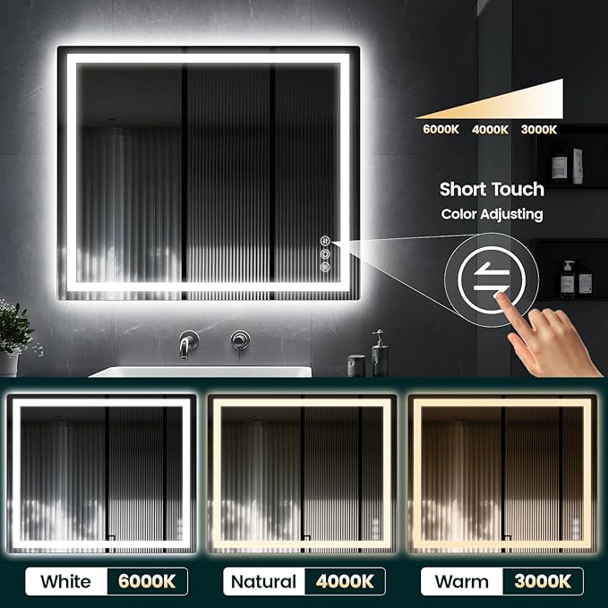 30"x 36" Bathroom Mirror for Over Sink, Anti-Fog LED Bathroom Mirror with Lights, Memory 3 Colors Modes & Dimmable Bathroom Vanity Mirror