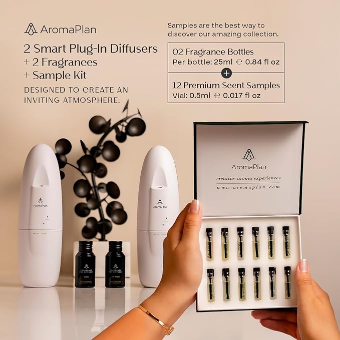 AromaPlan 5 Star Collection Plug in Diffuser (Fragrance+Sample Set Included)-Cold Air & Waterless Diffusers for Home & Office- Silent Wall Diffuser Plug in,Bluetooth App Control, 1000 sq.ft -2 Devices