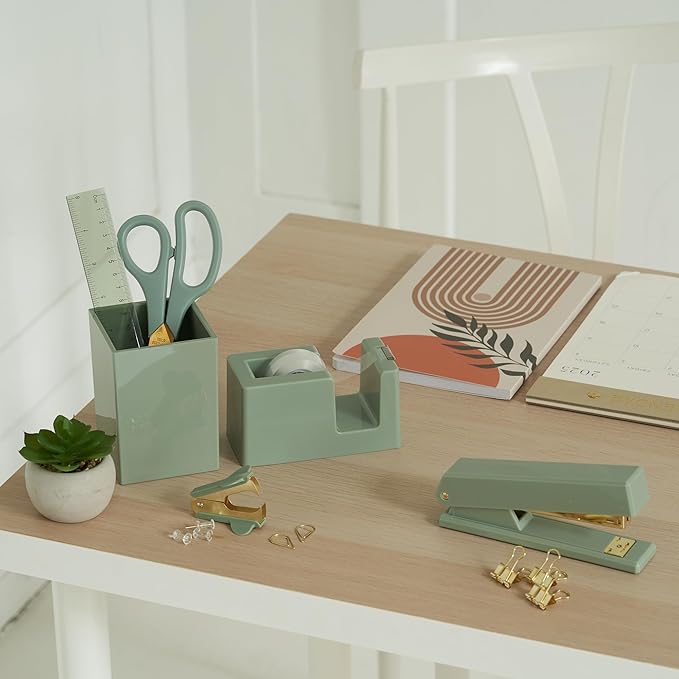 Aesthetic Desk Accessories Set - A Complete Desktop Organizer Set For Women Enhances Any Office Decor - An Office Supplies Kit w Gold Finish incl. Pen Holder, Scissors, Stapler, Tape Dispenser & More