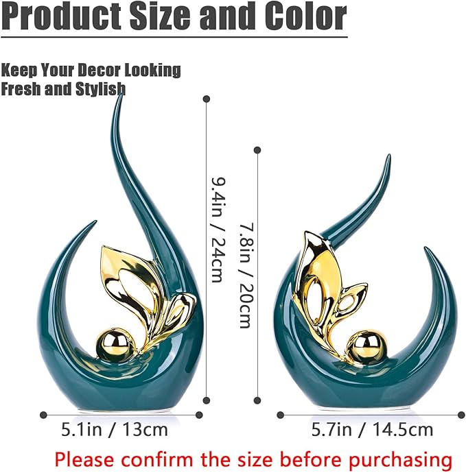 XMGZQ Teal Gold Ceramic Statues for Home Décor Accents,Abstract Art Mid Century Modern Decor,Elegante Centerpiece Table Decorations,Green Sculpture for Entryway,Bookshelf,Tv Stand,Mantel,Coffee Table